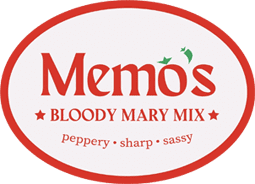 A red and white logo for memo 's bloody mary mix.